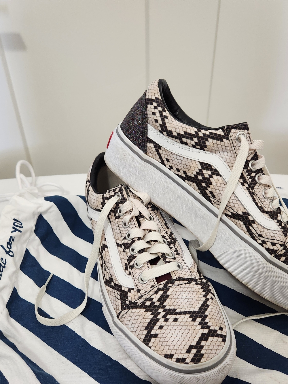 Vans Old Skool Snake-Print Sneakers in Beige, Black & White